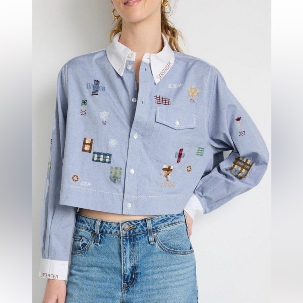 Sea New York Claira Embroidered Jean Denim Button-Down Shirt, Size Small